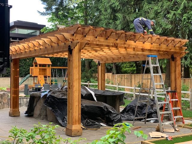 Large backyard cedar pergola installation